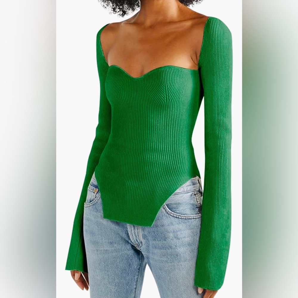 Sweetheart Long Sleeve Knit Top | Green Ribbed Women's Sweater